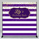 Aperturee - Aperturee Purple White Stripe Gold Custom Name Birthday Backdrop
